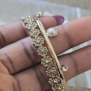 Macy's Elegant Gold Floral Pearl Bangle Bracelet Set New Women